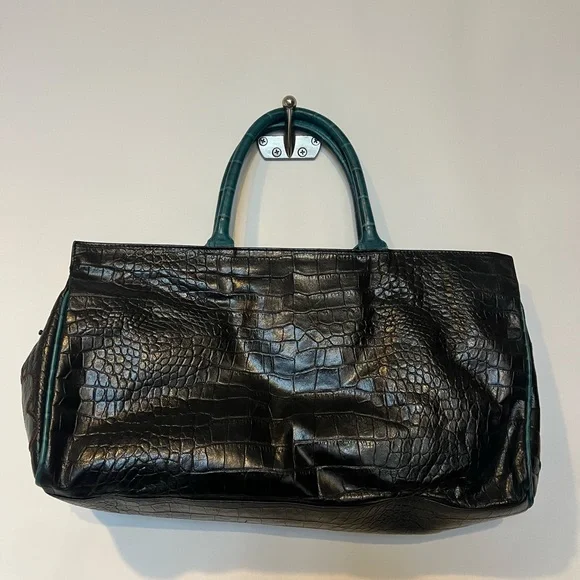 Braccialini Leather Patchwork Embellished Tote Bag Croc Embossed Floral Gem Vtg - Picture 2 of 14